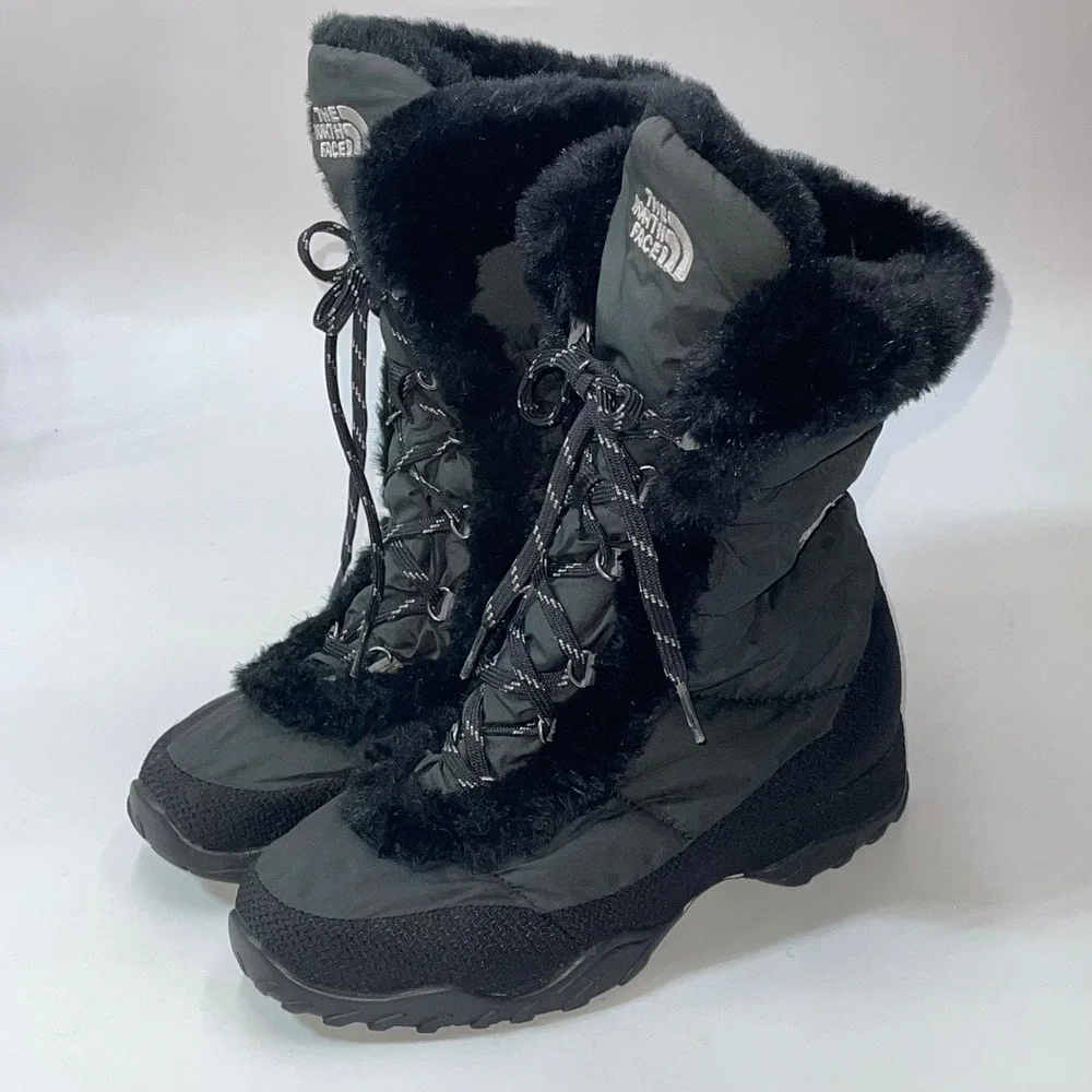 The North Face Nuptse Purna Womens 6.5 Goose Down Black Faux Fur Winter Boots